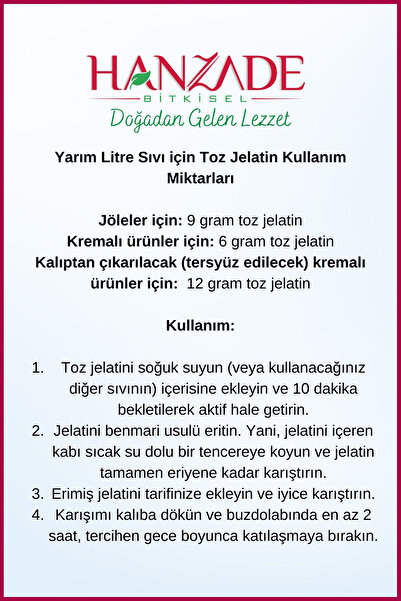 Hanzade Bitkisel Toz Jelatin 250 Gr %100 Saf Sığır Jelatini 240 Bloom