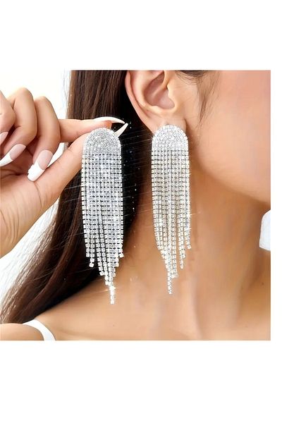 mos&more White Stone Dangle Long Women's Evening Dress Earrings, Tassel Earrings