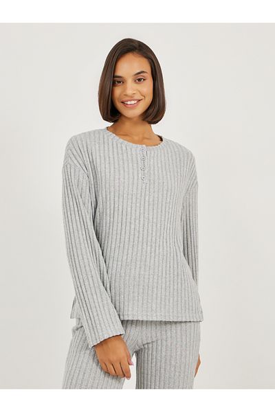 Styli Brushed Rib Placket Detail Drop Shoulder Top and Pyjama Set