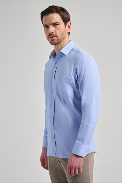 İmza Mavi Sert Yaka Düz Classic Pamuklu Comfort Fit Gömlek 1004250213