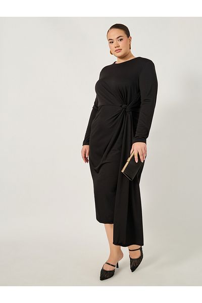 Styli Plus Size Draped Tie Waist Detail A-Line Midi Dress