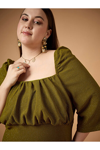 Sassafras By Styli Plus Size Glittered Ruched Detail Sheath Midi Dress