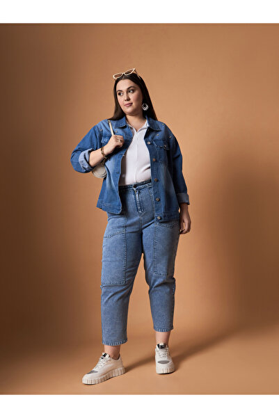 Sassafras By Styli Plus Size Embellished Detail Washed Denim Jacket with Pocket Detail