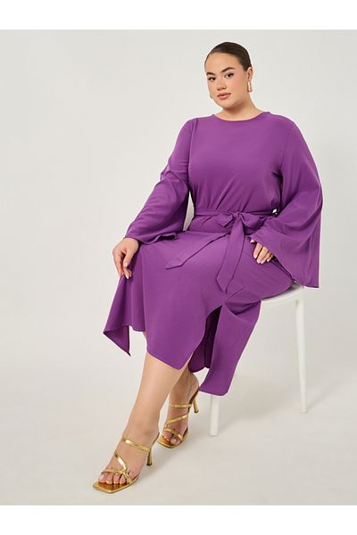 Styli Plus Size Solid Tie Belt Shift Maxi Dress with Side Slit