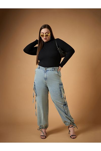 Sassafras Plus Size Acid Wash Straight Fit Jeans with Cargo Pockets