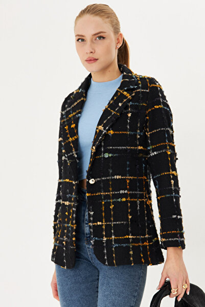 armonika Women's Mustard Tweed Fabric Single Button Jacket Arm-25K 001042