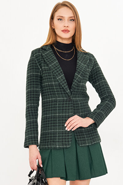 armonika Γυναικείο σμαραγδένιο καρό σχέδιο με μονό κουμπί Stamp Jacket ARM-25K 001083