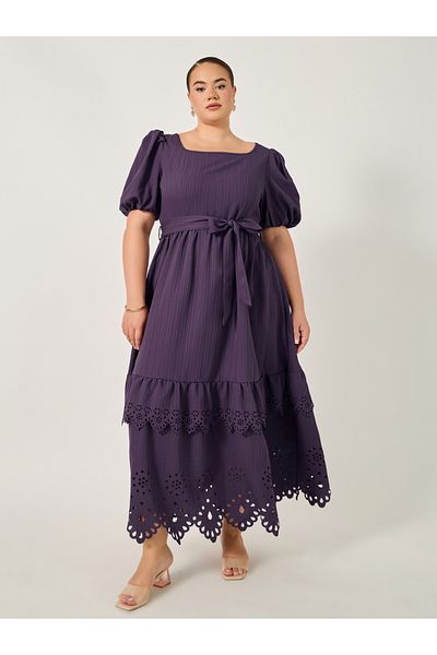 Styli Plus Size Cut-Out Pattern Tiered Maxi Dress with Tie Belt
