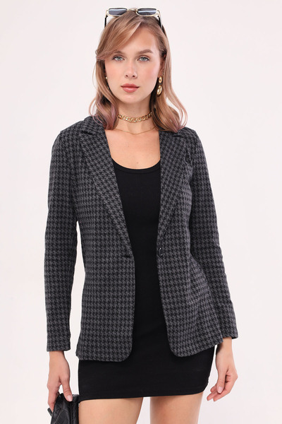 armonika Kadın Füme Kazayağı Desen Tek Düğmeli Ceket ARM-20K001121