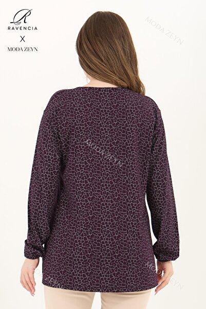 Ravencia Kadın Orta Yaş Ve Üzeri Cam Kırığı Desen Likralı Mor-Beyaz Anne Penye Bluz