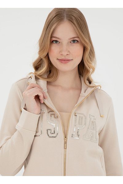 U.S. Polo Assn. Дамски суитшърт с цип и яка, цвят „камък“, U.S. Polo Assn. SW0125