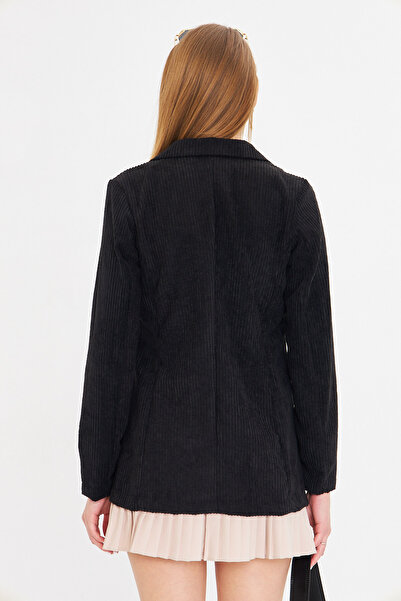 armonika Women's Black Single Button Velvet Jacket Arm-25K 001108