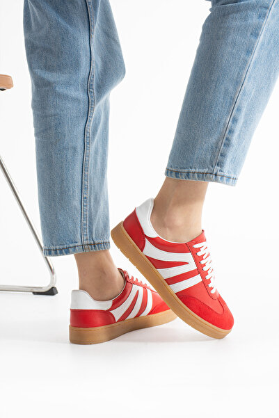 KOTAN Kadın Sneaker Bağcıklı Rahat Düz Ortopedik Taban Günlük Spor Ayakkabı Kırmızı