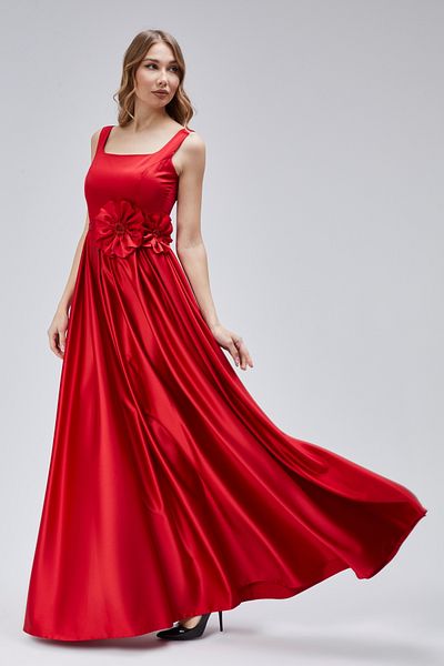 Asees Women's Evening Dress and Graduation Flower Detailed Square Neck Pleated Red Satin Evening Dress