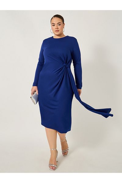 Styli Plus Size Draped Tie Waist Detail A-Line Midi Dress