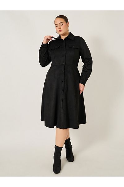 Styli Plus Size Velvet Look Long Sleeves Shirt Midi Dress