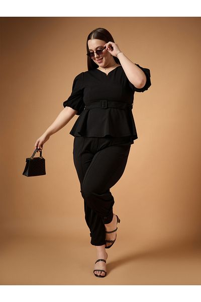 Sassafras By Styli Plus Size Solid Belted Peplum Top and Tapered Pants Set