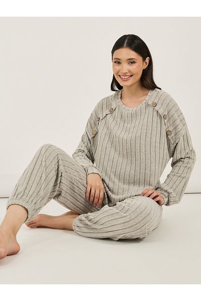 Styli Button Detail Ribbed Long Sleeves Top and Pyjama Set