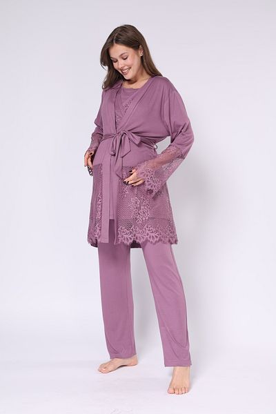 Rimel Homewear Plum Double Breasted Lace Maternity Pajama Set with Dressing Gown