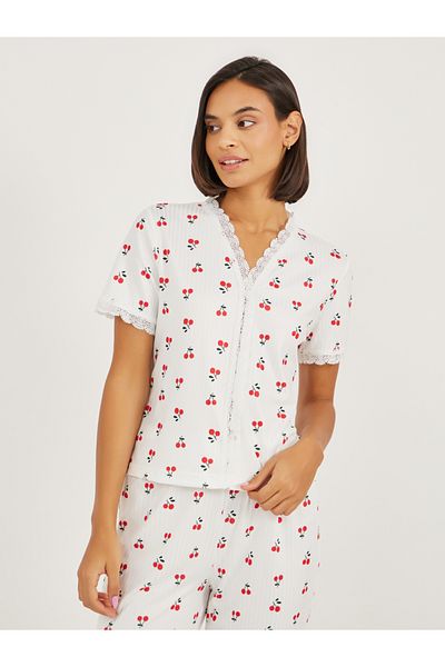 Styli Cherry Rib Lace Trim Shirt and Pyjama Set