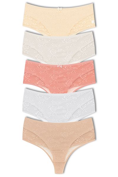HNX 5-Piece Front Double Layer Lined Lace High Waist Cotton Thong Women's Panties