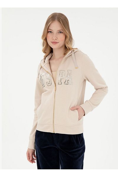 U.S. Polo Assn. Дамски суитшърт с цип и яка, цвят „камък“, U.S. Polo Assn. SW0125