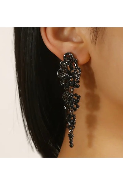 ER TAKI Siyah Taşlı Uzun Sallantılı Şık Gotik Tarz Nişan Kına Düğün Abiye Küpe