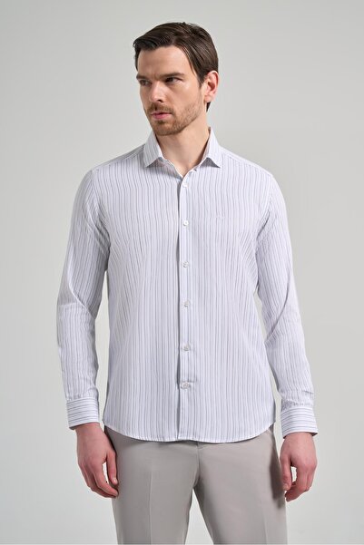 İmza قميص بأكمام طويلة ونمط مخطط وياقة إيطالية بدون جيوب من القطن الكلاسيكي ب...