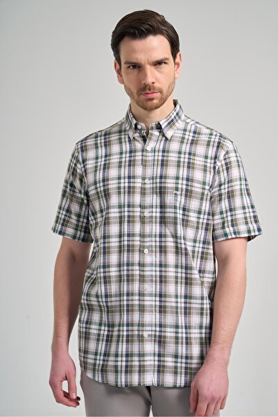 İmza Plaid Print Short Sleeve Shirt - Button Collar, Pocket, 100% Cotton, Classic Comfort Fit 1004250164