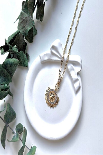 DEMOKAN Kadın Çelik Kolye Zirkon Taş Çerçeve Pusula Model Kolye