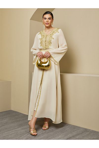 Styli A-Line Front Slit Kaftan with Moroccan Buttons and Lace Details