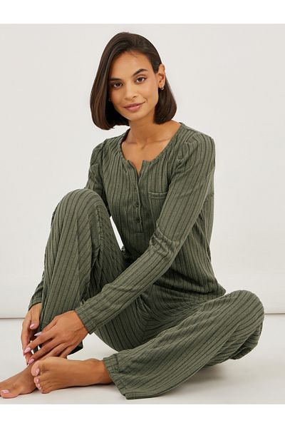 Styli Rib Button Front Notch Neck Pocket Top and Pyjama Set