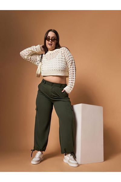 Sassafras By Styli بنطلون كارجو سادة متوسط الارتفاع بمقاس كبير