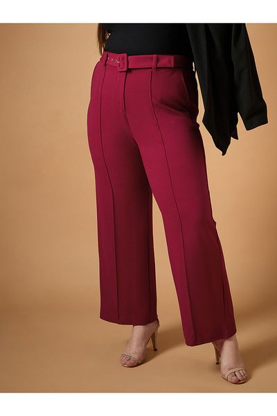Sassafras By Styli Plus Size Solid Belted Straight Fit Pants with Pintuck Details