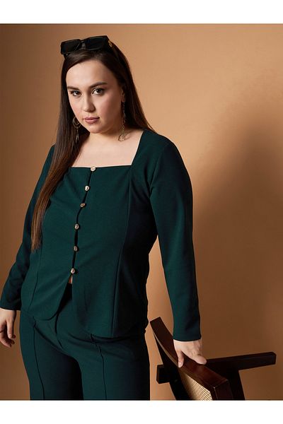 Sassafras By Styli Plus Size Solid Front Button Top and Straight Pants Set