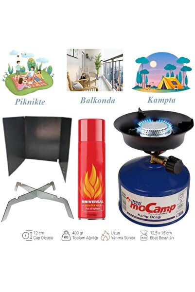 gaman Pro Set İksa Çakmak Gazı İle Doldurulabilir Kamp Ocağı Piknik Tüpü + Rüzgar Önleyici + Çakmak Gazı