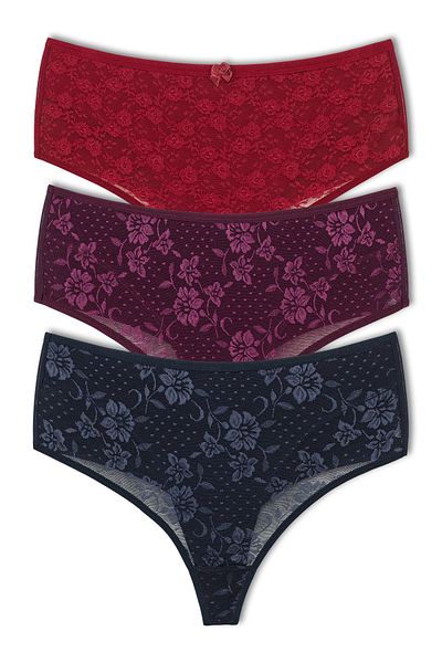 HNX 3-Piece Front Double Layer Lined Lace High Waist Cotton Thong Women's Panties