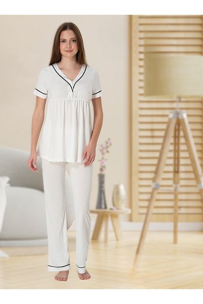 Pelin Women's Ecru Black Bias Maternity Maternity Pajama Set