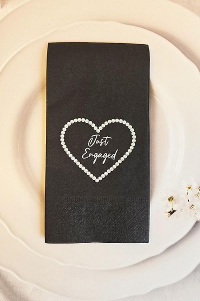 PEKSHOP Black Engagement Napkin with Pearls and Just Engaged Writing 12 Pack