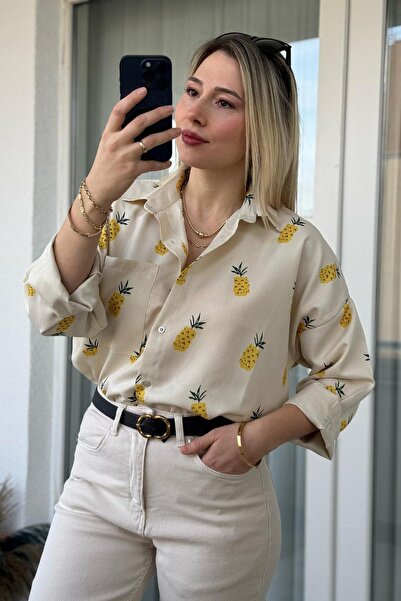 Kubos Moda Loose Fit Beige Yellow Pineapple Pattern Shirt Tunic