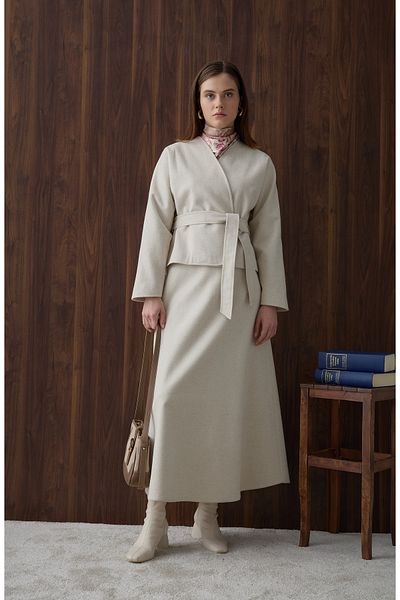 Fatma Atasoy Belted Kimono Ecru Stamp Jacket Coat