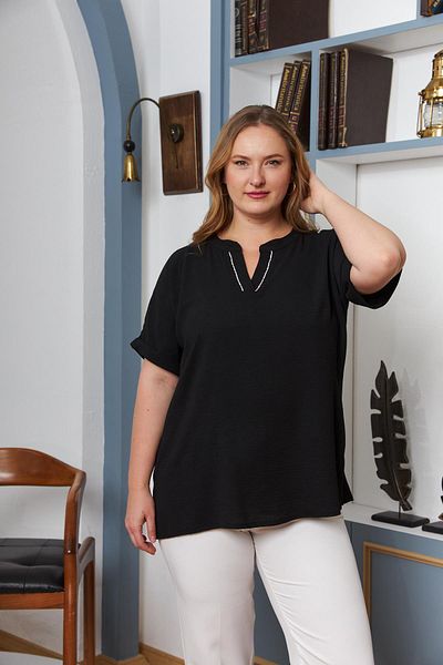 RMG Plus Size Stone Embroidered Black Blouse
