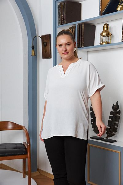 RMG Ecru Plus Size Stone Embroidered Collar Blouse