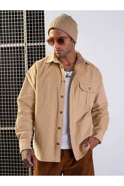 Mascln Sassafras By Styli Corduroy Front Button Shacket with Pocket Detail