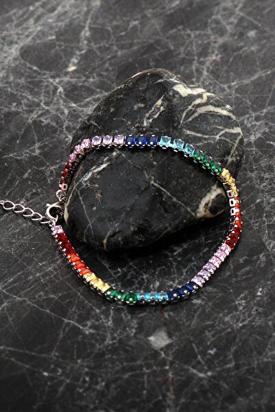 Sümer Telkari Baget Su Yolu Renkli Taşlı Rodyumlu Gümüş Bileklik 4763