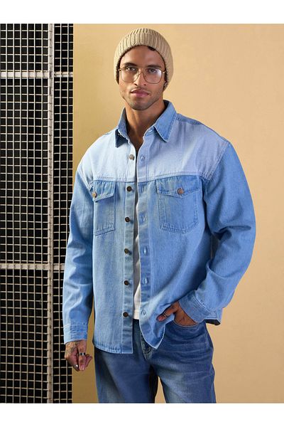 Mascln Sassafras By Styli Color Block Oversized Denim Shacket with Pocket Detail