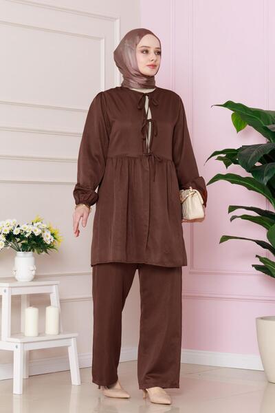Sevitli Tie Front Pants Suit-Brown