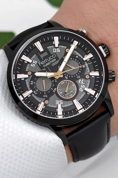 Ferrucci Function Leather Cord Men's Wristwatch 3 Atm- Black with Bracelet Gift Zmfer168