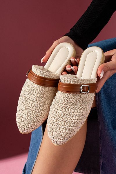 FUGA MODA Lumera Beige Armor Knitted Knitwear Tan Belt Detailed Slippers