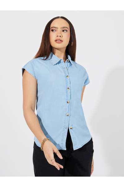 Styli Solid Denim Extended Sleeves Shirt